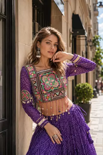 Violet Georgette Readymade Navratri Lehenga Choli with Kutchi & Patchework