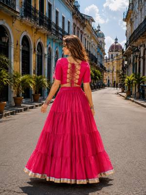 Pink Cotton Readymade Navratri Lehenga Choli with Kutchi & Patchework 2