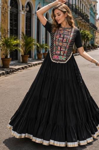 Black Cotton Readymade Navratri Lehenga Choli with Kutchi & Patchework