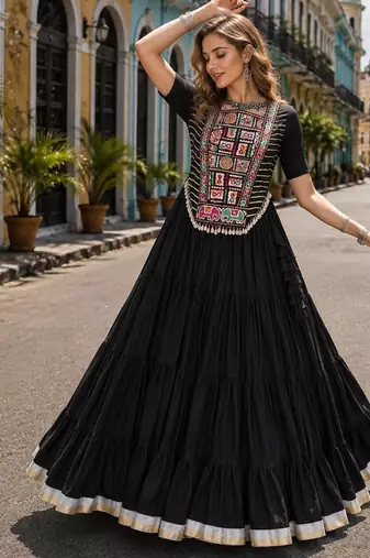 Black Cotton Readymade Navratri Lehenga Choli with Kutchi & Patchework