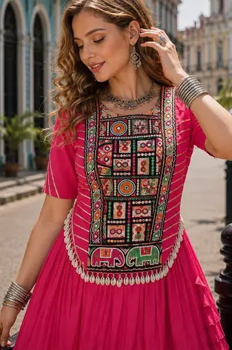 Pink Cotton Readymade Navratri Lehenga Choli with Kutchi & Patchework