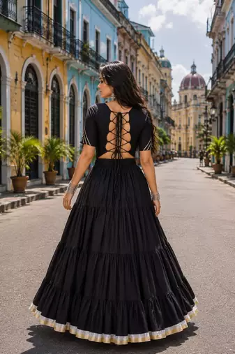 Black Cotton Readymade Navratri Lehenga Choli with Kutchi & Patchework