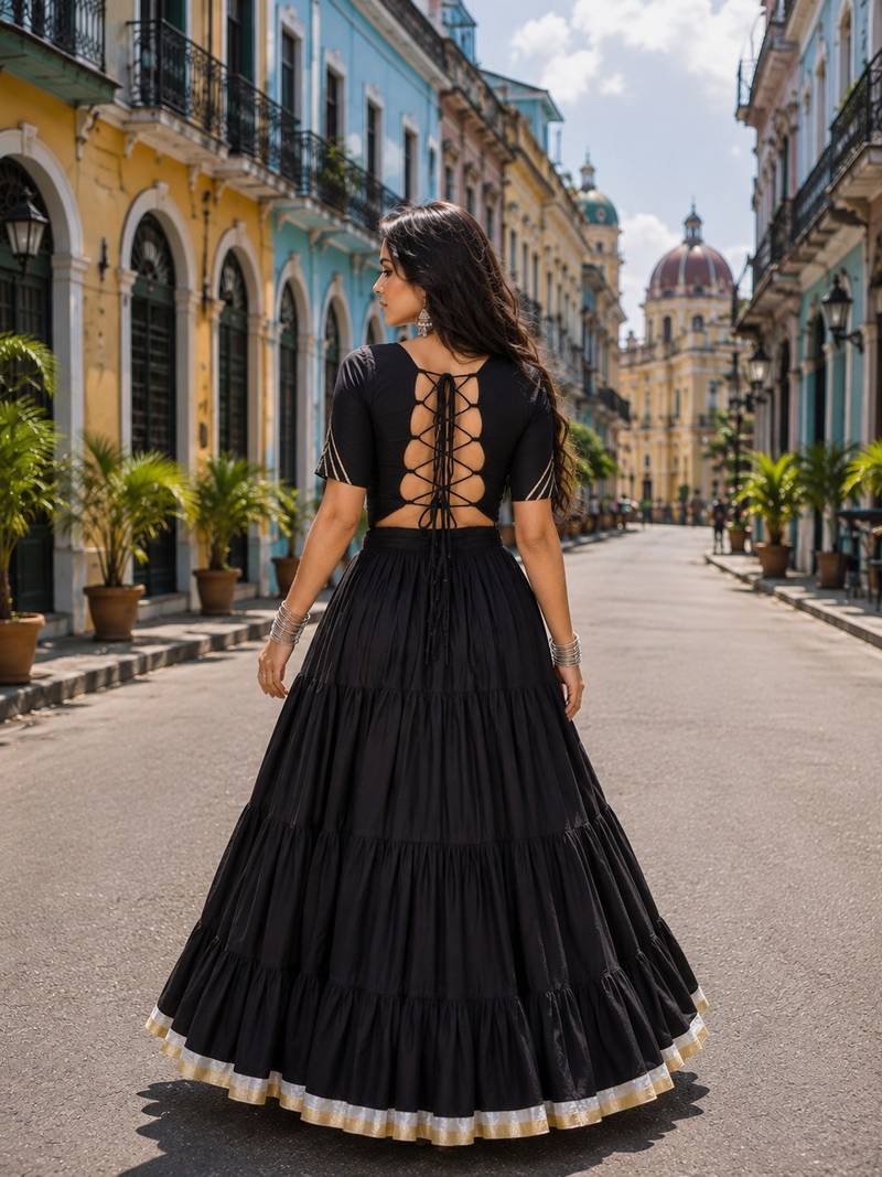 Black Cotton Readymade Navratri Lehenga Choli with Kutchi & Patchework