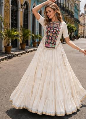 White Cotton Readymade Navratri Lehenga Choli with Kutchi & Patchework 1