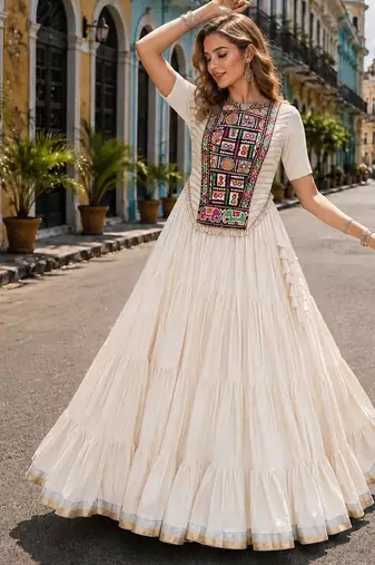 White Cotton Readymade Navratri Lehenga Choli with Kutchi & Patchework