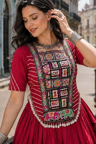 Maroon Cotton Readymade Navratri Lehenga Choli with Kutchi & Patchework