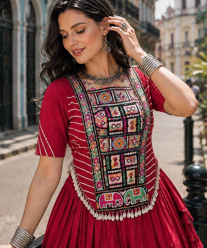 Maroon Cotton Readymade Navratri Lehenga Choli with Kutchi & Patchework