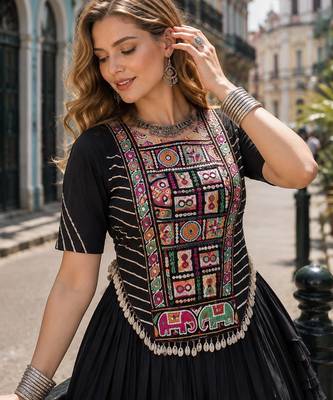 Black Cotton Readymade Navratri Lehenga Choli with Kutchi & Patchework 3