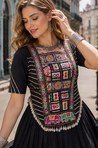 Black Cotton Readymade Navratri Lehenga Choli with Kutchi & Patchework