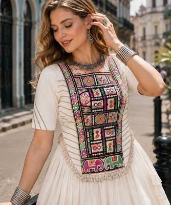 White Cotton Readymade Navratri Lehenga Choli with Kutchi & Patchework 3