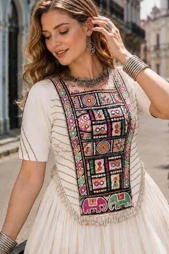 White Cotton Readymade Navratri Lehenga Choli with Kutchi & Patchework