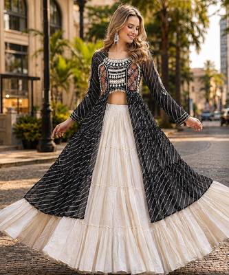Black&White Cotton Readymade Navratri Lehenga Choli with Leheriya & Patchework 1