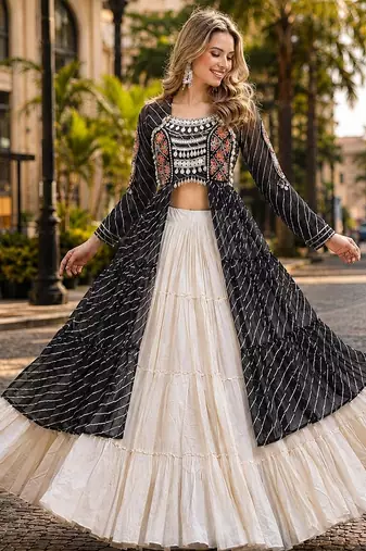 Black&White Cotton Readymade Navratri Lehenga Choli with Leheriya & Patchework