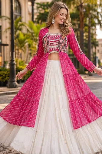 Rani&White Cotton Readymade Navratri Lehenga Choli with Leheriya & Patchework