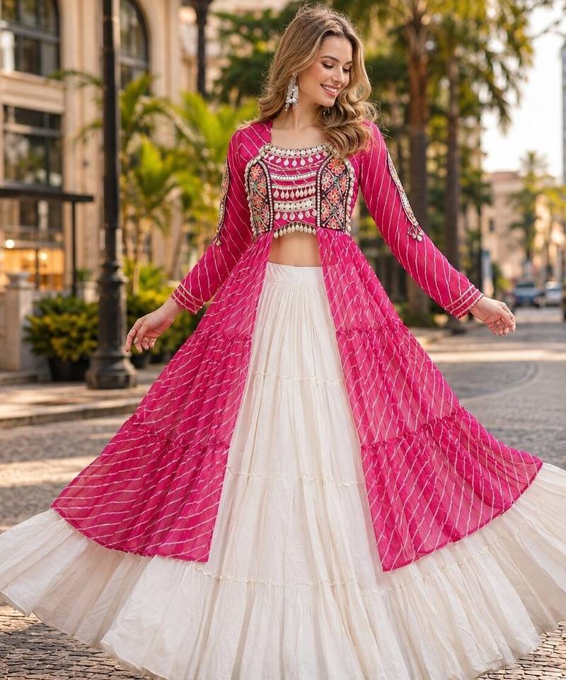 Rani&White Cotton Readymade Navratri Lehenga Choli with Leheriya & Patchework