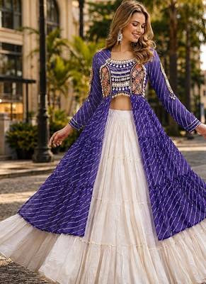 Violet&White Cotton Readymade Navratri Lehenga Choli with Leheriya & Patchework 1