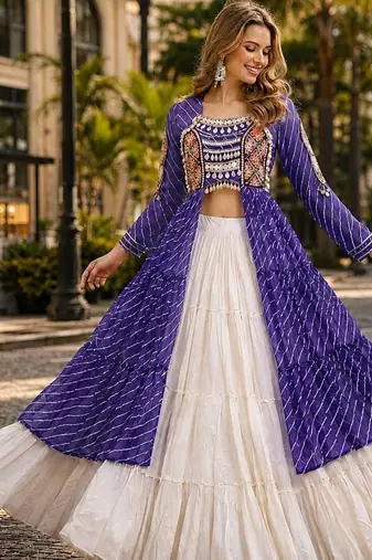 Violet&White Cotton Readymade Navratri Lehenga Choli with Leheriya & Patchework