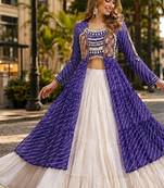 Violet&White Cotton Readymade Navratri Lehenga Choli with Leheriya & Patchework