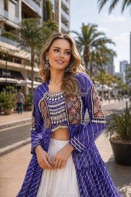 Violet&White Cotton Readymade Navratri Lehenga Choli with Leheriya & Patchework 2