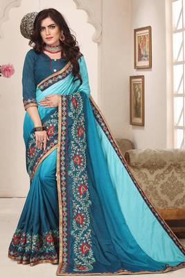 teal blue zari resham embroidered work silk blend saree for women 1