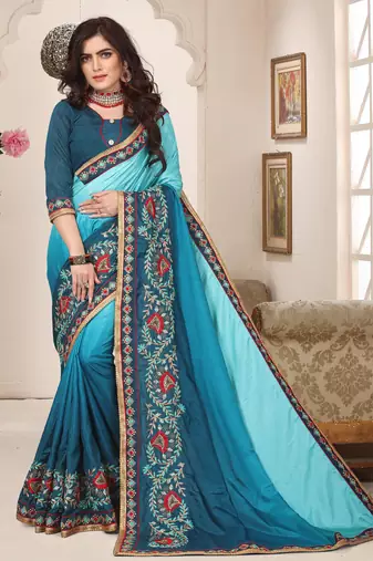 teal blue zari resham embroidered work silk blend saree for women