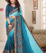 teal blue zari resham embroidered work silk blend saree for women