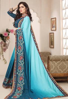 teal blue zari resham embroidered work silk blend saree for women 2