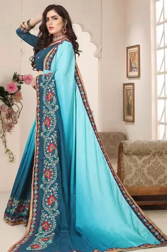 teal blue zari resham embroidered work silk blend saree for women