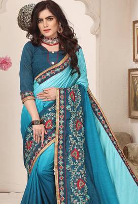 teal blue zari resham embroidered work silk blend saree for women 3