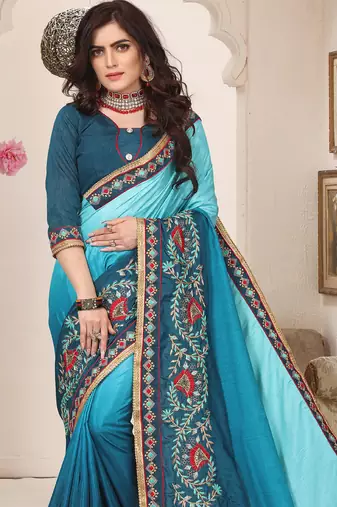 teal blue zari resham embroidered work silk blend saree for women