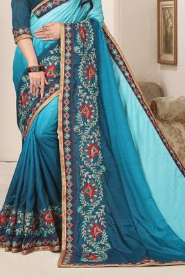 teal blue zari resham embroidered work silk blend saree for women 4