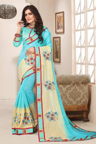 Sky blue zari resham embroidered work cotton silk saree for women