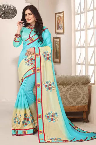 Sky blue zari resham embroidered work cotton silk saree for women