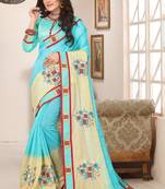 Sky blue zari resham embroidered work cotton silk saree for women