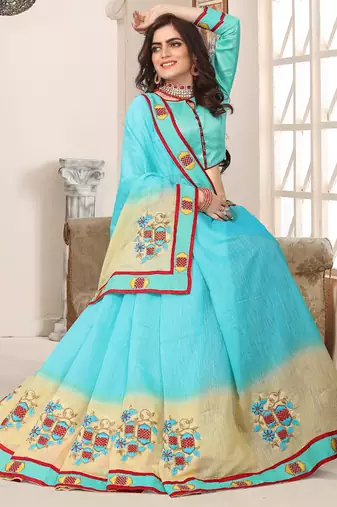 Sky blue zari resham embroidered work cotton silk saree for women