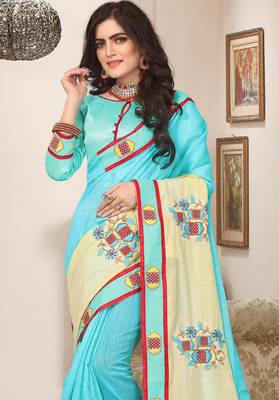 Sky blue zari resham embroidered work cotton silk saree for women 3
