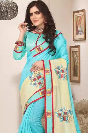Sky blue zari resham embroidered work cotton silk saree for women