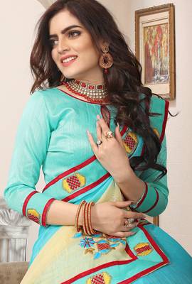 Sky blue zari resham embroidered work cotton silk saree for women 4