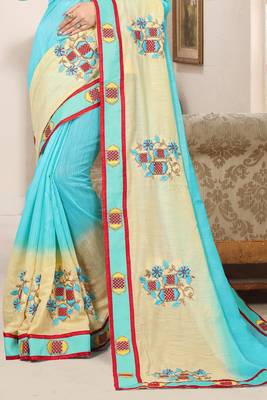 Sky blue zari resham embroidered work cotton silk saree for women 5