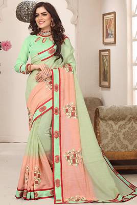 Peach green zari resham embroidered work cotton silk saree for women 1