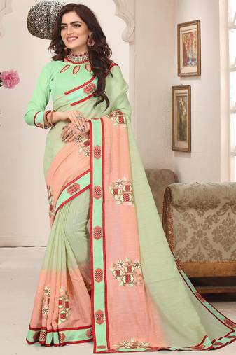 Peach green zari resham embroidered work cotton silk saree for women