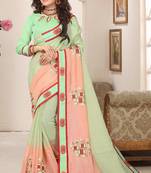 Peach green zari resham embroidered work cotton silk saree for women