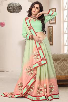 Peach green zari resham embroidered work cotton silk saree for women 2