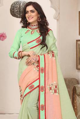 Peach green zari resham embroidered work cotton silk saree for women 3