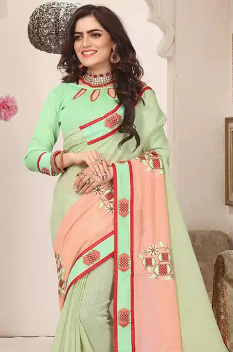 Peach green zari resham embroidered work cotton silk saree for women