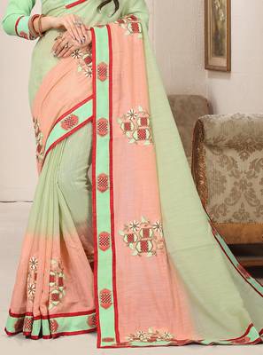 Peach green zari resham embroidered work cotton silk saree for women 4