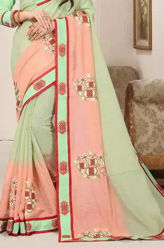 Peach green zari resham embroidered work cotton silk saree for women