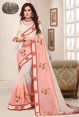 Peach cream zari resham embroidered work cotton silk saree for women 1