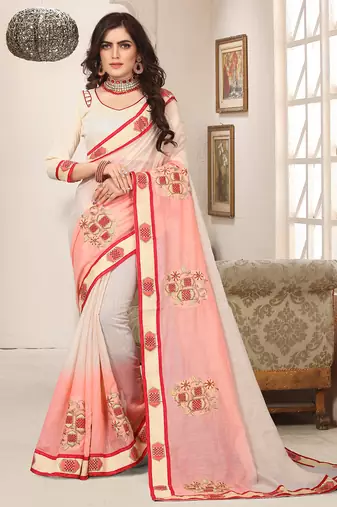 Peach cream zari resham embroidered work cotton silk saree for women