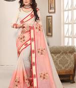 Peach cream zari resham embroidered work cotton silk saree for women